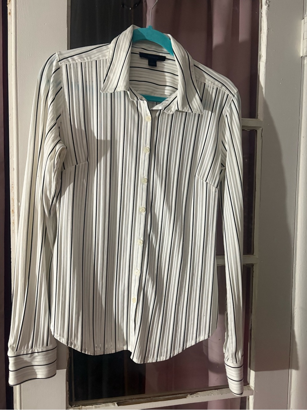 Express Men's White Button-Down Dress Shirt with Black and Gray Stripes